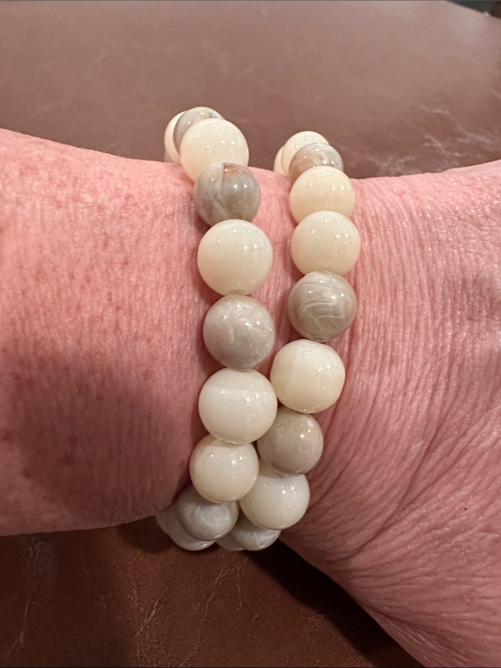 Neutral Cream and Taupe Beaded Stretch Bracelet Stack (set of 2)